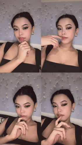 a collage of four photos of a woman in a black tank top