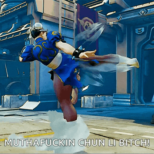 a video game screen shows chun li kicking in the air with the caption " muthafuckin chun li bitch "