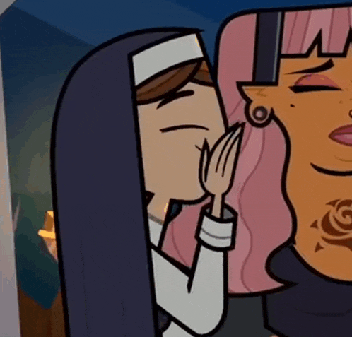 a cartoon of a nun kissing a woman 's face