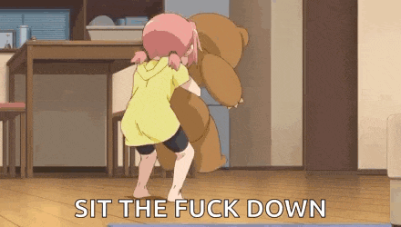 a girl is standing next to a teddy bear in a living room and saying `` sit the fuck down '' .