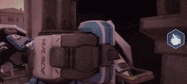 a robot in a video game has a thumbs up symbol on it