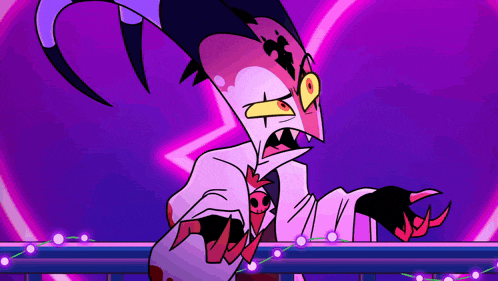 a cartoon character with horns is standing in front of a purple background with christmas lights .