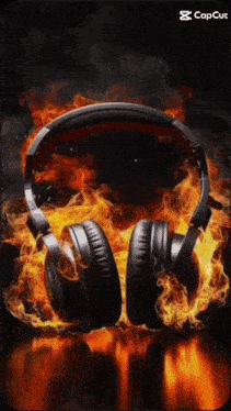 a pair of headphones surrounded by flames on a phone screen