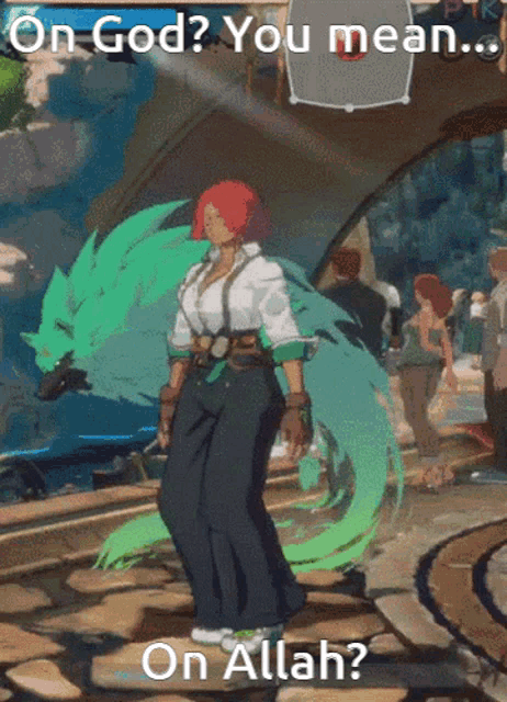 a video game character says on god you mean on allah on the bottom