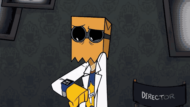 a cartoon character wearing a paper bag on his head is standing next to a director chair