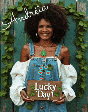 a woman in overalls holds a sign that says lucky day