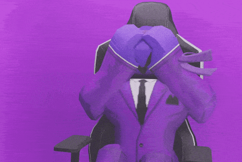 a purple cartoon character in a suit and tie sitting in a chair