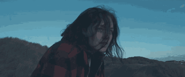 a woman in a plaid shirt stands on a hill with her hair blowing in the wind