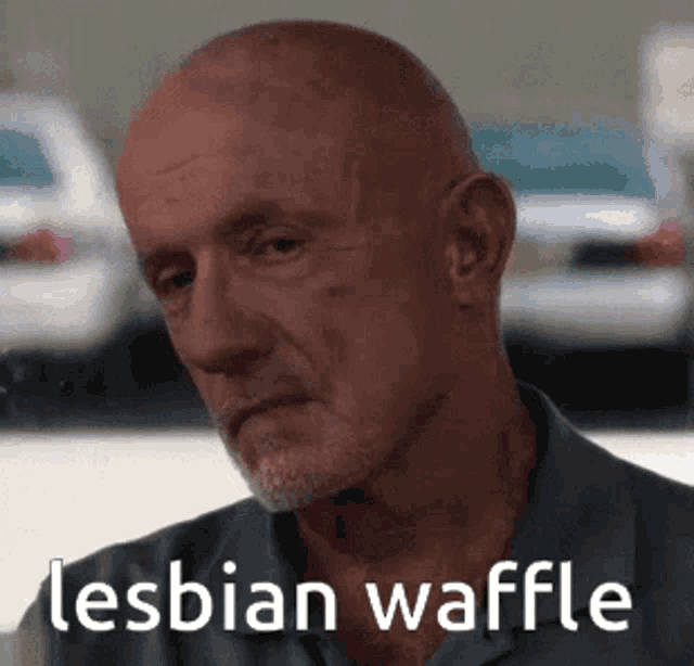 a bald man with a beard and the words lesbian waffle on his face
