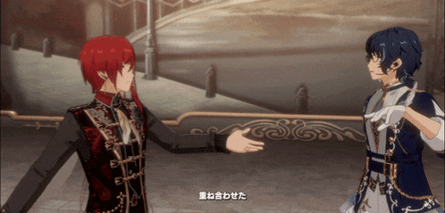 two anime characters are standing next to each other with chinese writing on the bottom right