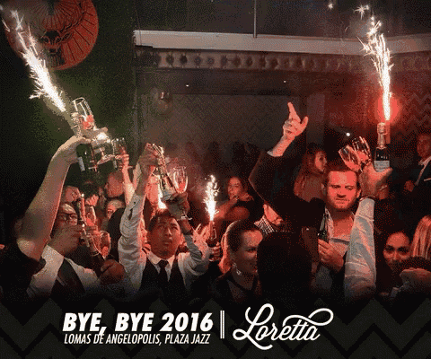 an advertisement for loretta shows a crowd of people holding sparklers and drinks