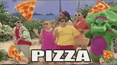 a group of people are standing on a beach with slices of pizza and the word pizza written on the bottom