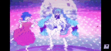 a couple of girls are standing next to each other on a stage in front of a purple background .