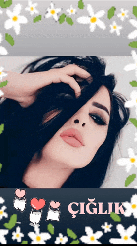 a woman 's face is surrounded by white daisies and the words ciglik