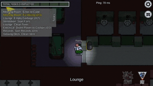 a screenshot of among us with a penguin in the lounge