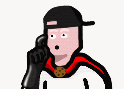 a cartoon of a man talking on a cell phone with a cookie around his neck
