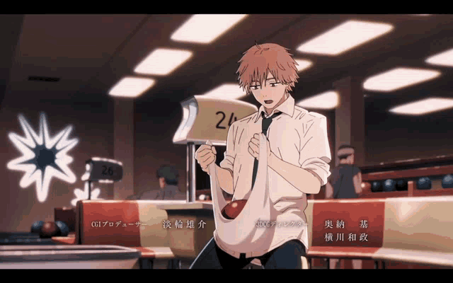 a man in a bowling alley with a sign that says 24