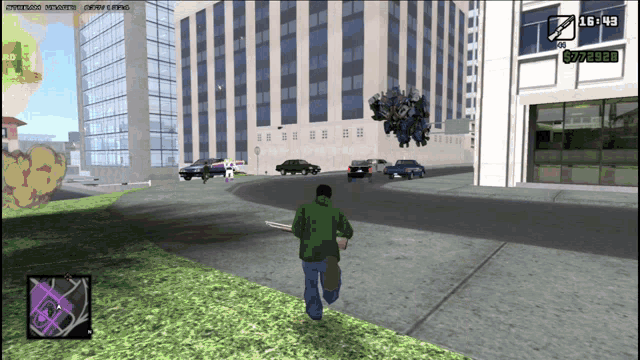 a man in a green jacket is walking down a street in a video game with the time of 16:43 on the screen