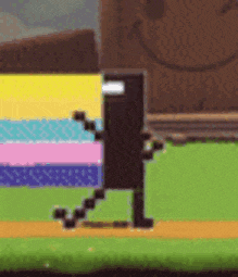 a cartoon character is running on a baseball field in a video game .