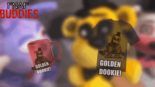 a poster for fnaf buddies with a mug and a shirt