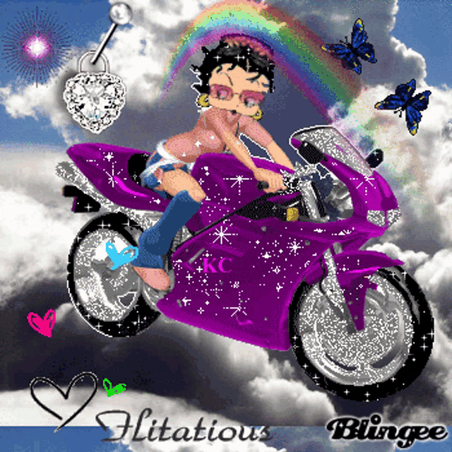 a picture of betty boop on a purple motorcycle