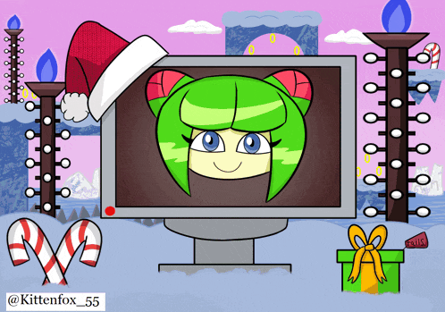a cartoon of a girl wearing a santa hat behind a computer monitor