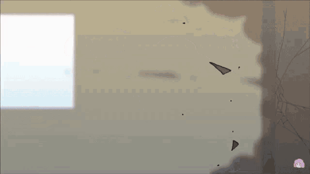 a cartoon illustration of a broken wall with a window in the background