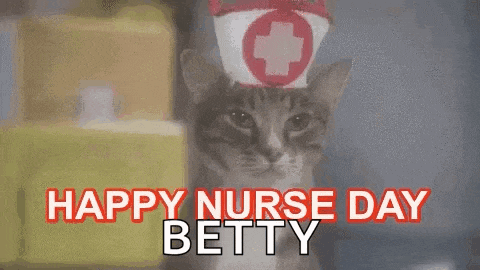 a cat wearing a nurse 's hat with a cross on it .