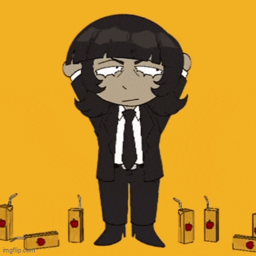 a cartoon character in a suit and tie surrounded by apple juice boxes