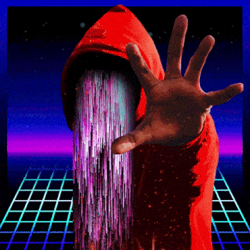 a person in a red hoodie is reaching out towards a purple and blue background