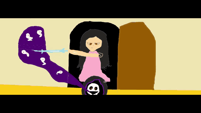 a girl in a pink dress is holding a sword in front of a ghost with the number 8 on it