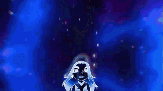 a cartoon drawing of a girl with blue hair and a blue background