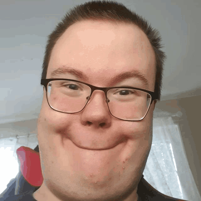 a man wearing glasses makes a funny face with his mouth open