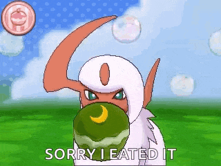 a pixel art of a pokemon eating a green object with the words `` sorry i ate it '' written below it .