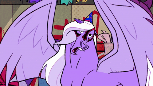 a purple cartoon character with white hair and a party hat on
