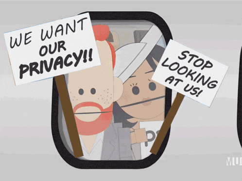 a man and a woman are holding signs that say we want our privacy and stop looking at us
