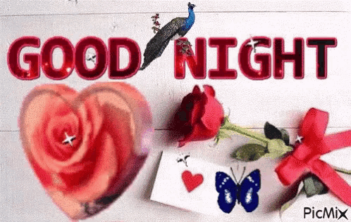 a peacock is sitting on top of a heart shaped rose next to a butterfly and a good night message .