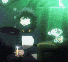 a cartoon character is sitting on a couch holding a can of soda