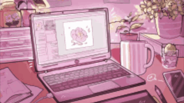 a pink laptop with a flower on the screen is sitting on a desk .