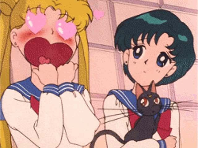 a girl with hearts in her eyes is holding a black cat