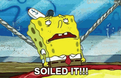 a cartoon of spongebob squarepants holding onto a rope and saying `` soiled it ! ''
