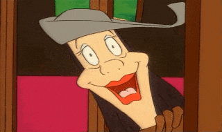 a cartoon character wearing a hat is smiling and looking out a window