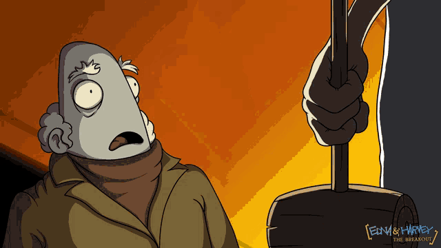 a cartoon drawing of a man holding a hammer with the words edna & harley on the bottom right