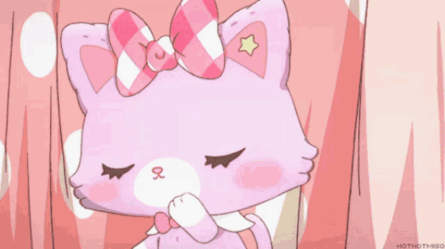 a cartoon drawing of a pink cat with a pink bow