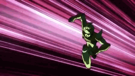 a cartoon character is jumping in the air on a pink background