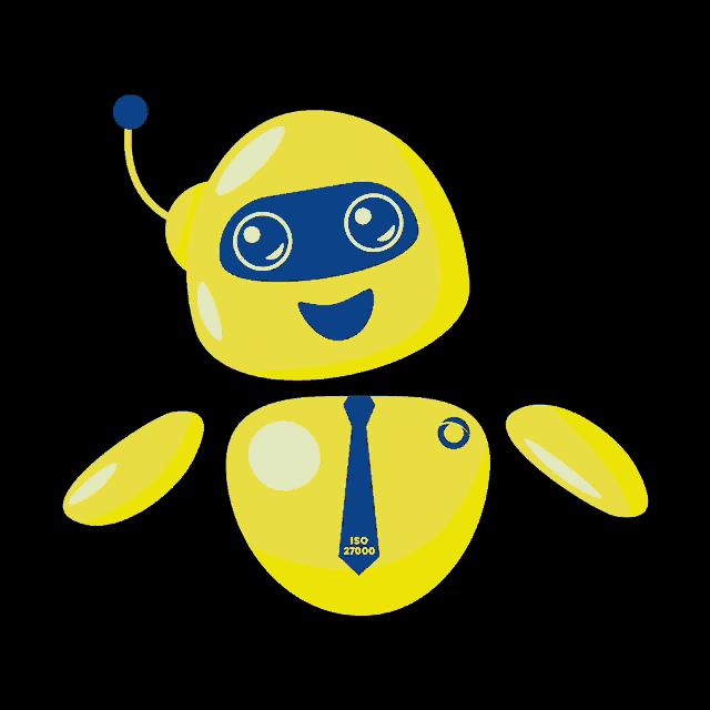 a cartoon illustration of a yellow robot with a blue tie that says iso 27001