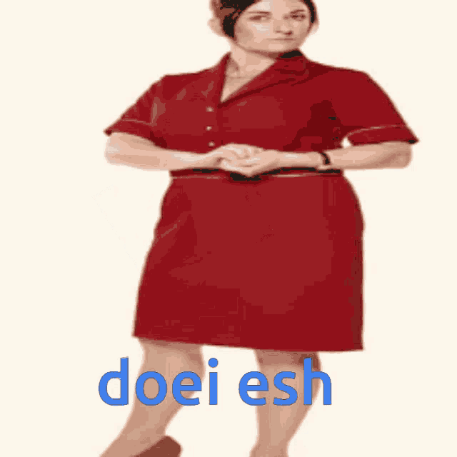 a woman in a red dress is laying down with the word doei esh written in blue