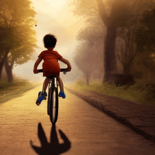 a young boy riding a bike down a road with his shadow on the ground