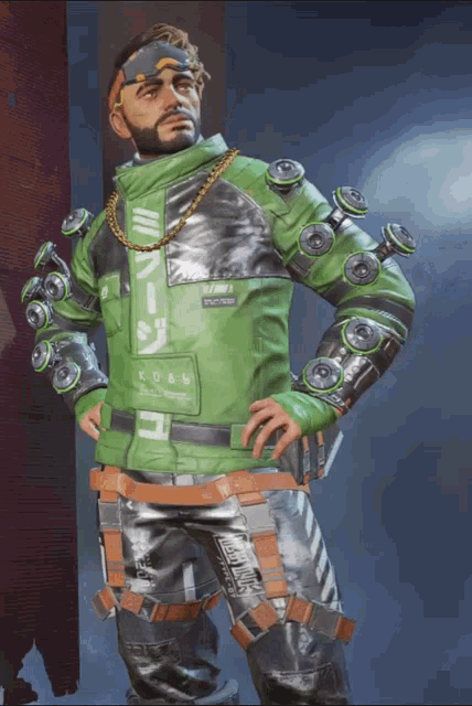 a man wearing a green jacket that says supreme on the front