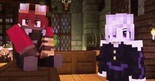 two minecraft characters standing next to each other in a room